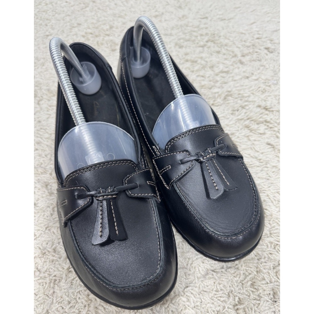 Clarks Ashland Bubble Black Leather Slip On Comfort Loafers Size 8.5 XW Tassels